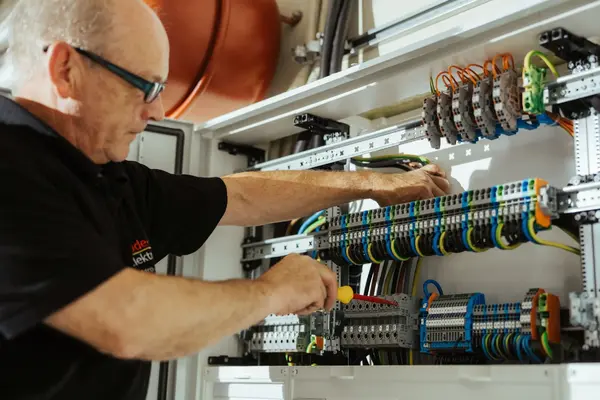 Ein Elektriker arbeitet an einem offenen Schaltschrank und installiert elektrische Leitungen.
